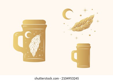 Celestial cup and feather with stars and moon. Golden esoteric design elements isolated on white background. Vector illustration for witchcraft.