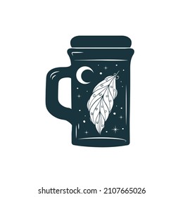 Celestial cup with stars, moon and feather. Hand drawn esoteric design element isolated on white background. Vector illustration in boho style.