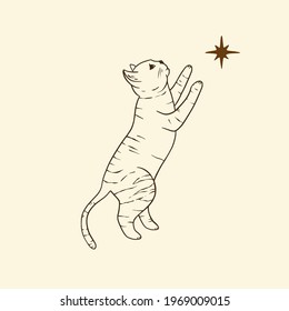 Celestial cute jumping cat sacred astrology boho esoteric line art. Nursery animal outline art.