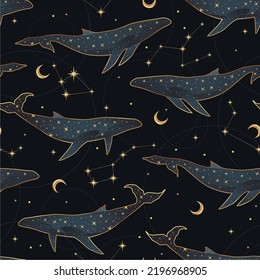 Celestial dark seamless pattern vector. Constellation mystic pattern design. Whale and constellation bohemian textile design