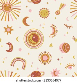 Celestial Day Night Sun Moon Rainbow Stars Planet vector seamless pattern. Boho Baby Crescent Solar Starry Sky background. Space childish gender neutral print for fabric and nursery decor.