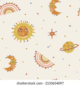 Celestial Day Night Sun Moon Rainbow Star Planet dotted vector seamless pattern. Boho Baby Crescent Solar Starry Sky background. Space childish gender neutral print for fabric and nursery decor.