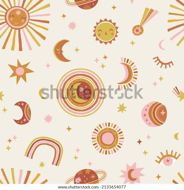 Celestial Day Night Sun Moon Rainbow Stars Planet\
vector seamless pattern. Boho Baby Crescent Solar Starry Sky\
background. Space childish gender neutral print for fabric and\
nursery decor.