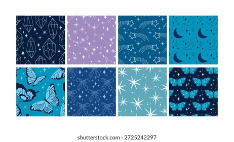 Celestial and decorative seamless patterns set. Stars, moons, crystals, butterflies on blue backgrounds. Vector printable template for textiles, wallpapers, magical design
