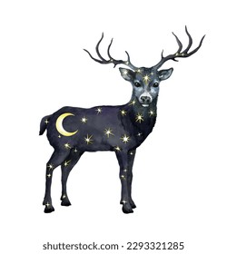 Venado celeste con estrellas y luna dentro. Hermoso animal espacial con cielo nocturno, cosmos para tatuajes misteriosos, diseño de universo natural de fantasía. Acuarela vectorial boho 