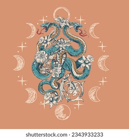 Celestial design, snake, floral, colorful design. 