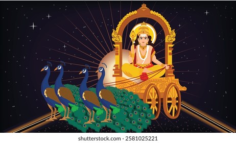 A celestial digital illustration of Lord Kartikeya seated on his golden chariot pulled by peacocks set against a cosmic background symbolizing divine energy and wisdom