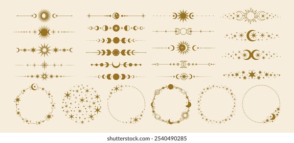 Divisores celestes. Sol decorativo e borda da lua. Divisor de decoração de texto mágico e quadro com astrologia estrelas místicas, fase da lua, sol brilhante. Elementos vetoriais de fantasia.