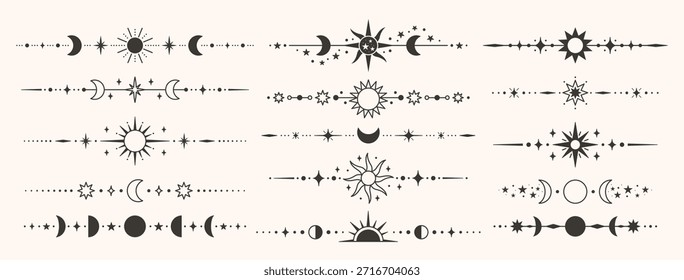Celestial dividers with moon phases and sun for mystical banner, wedding invitation or bohemian tattoo. Cosmic ornaments and borders for astrology, occult packaging and vintage headers. Vector set.