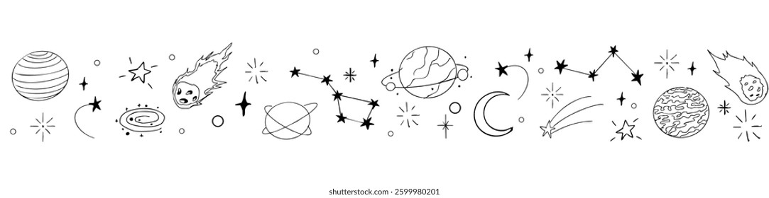 Celestial doodle border, falling star blink divider. Hand drawn ornament with stars, planets, meteorite and moon. Space magic simple decor.