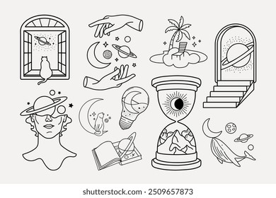 Conjunto de Clipart de doodle celestial, Vector de ilustración mágica