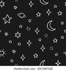 Celestial doodles seamless pattern. Hand drawn stars, planets and moons background texture. 