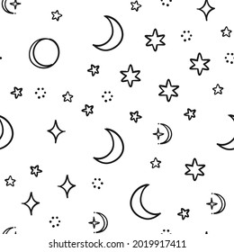 Celestial doodles seamless pattern. Hand drawn stars, planets and moons background texture. 