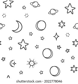 Celestial doodles seamless pattern. Hand drawn stars, planets and moons background texture. 