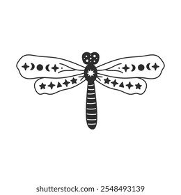 Celestial Dragonfly Hand drawn Doodle style. Mystical sacred esoteric insect with star shapes on wings. Sketch vector illustration for occult topics