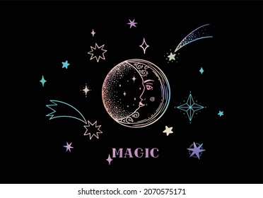 Celestial drawings for the zodiac, tarot, crescent moon with face, stars, on a black background. Colorful rainbow colors Vector set for astrology, magical celestial alchemy.
