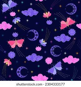 celestial dream night sky seamless pattern. moon, crescent, cloud, stars, butterfly, firefly, animal print. lotus floral. good for fabric, fashion, bedding, wallpaper, kids, textile.