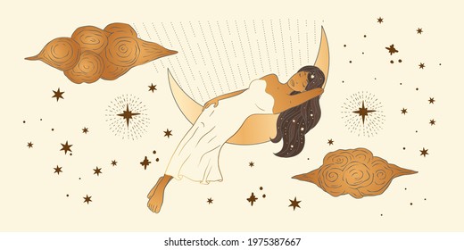 Celestial Dreaming Woman. African American Lady Sacred Beauty. Astrology Boho Esoteric Moon And Sky Girl Golden Art.