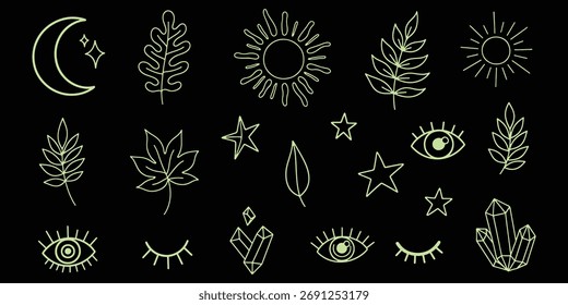 Celestial Dreams Moon Sun Star Eye Leaf y Crystal Line Art para Diseños Mágicos y Estética Espiritual Negro