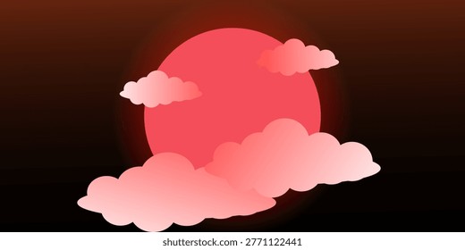 Celestial dreamscape with a vivid crimson sun partially veiled by wispy, soft pink clouds against a dark, ethereal backdrop