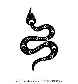 Celestial element. Magic snake with moon, star, crescents. Cute boho snake in black color isolated. astrology symbol. Occult trendy hand drawn vector illustration.