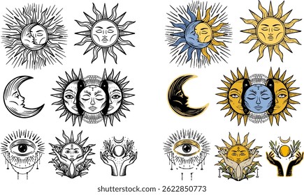 celestial element moon and sun vector illustration line art and color style