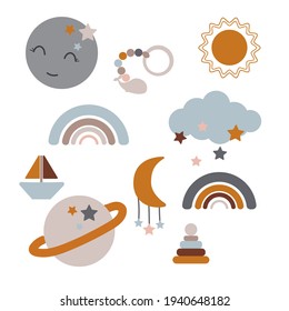 Celestial elements and baby toys set for scrapbooking, decoration and wall art nursery, posters, printing, stickers