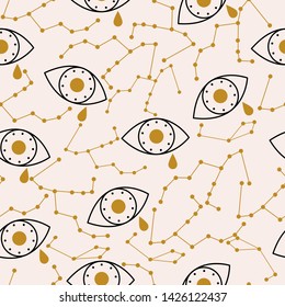 Celestial elements and eyes, in a seamless pattern design, that can be used for web, as a background, or in print, for surface design