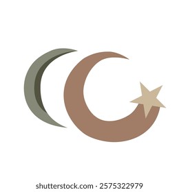 Celestial elements featuring crescent moons and stars, in a harmonious palette of medium brown, sage green, dark olive, and warm beige, perfect for elegant and nature-inspired designs