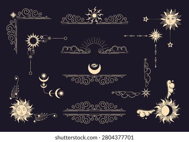Celestial elements. Mystical astrology symbols, gold moons and clouds, vintage dividers, spiritual boho ornaments for tarot, elegant decorative frames, splendid vector flat style isolated icon set
