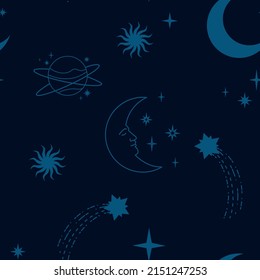 Celestial elements on a dark blue background. Boho seamless pattern.