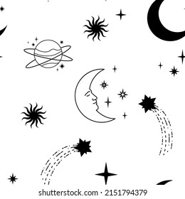 Celestial elements on a white background. Boho seamless pattern.