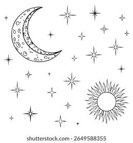 Celestial Elements Vector – Hand-drawn Sun, Moon, and Stars in Black on White
