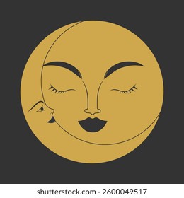 Celestial emblem with crescent and moon pair with human faces. Vector illustration
