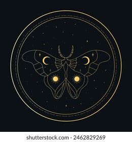 Celestial emblem with a golden butterfly in a circle. Vector illustration