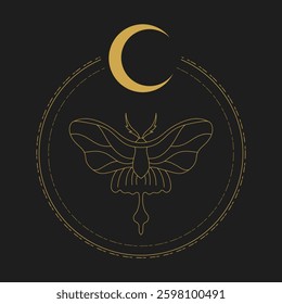 Celestial emblem with a golden butterfly in a circle with a crescent. Vector illustration