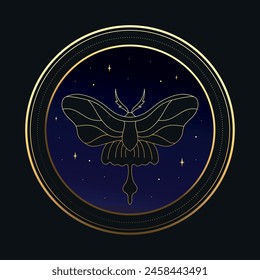 Celestial emblem with a golden butterfly and stars. Vector illustration