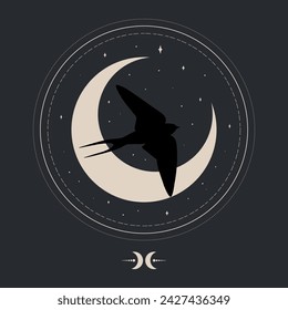 Emblema celestial con un pájaro golondrina y una media luna. Silueta del pájaro de Martin en las medialunas y las estrellas de fondo. Ilustración de vector