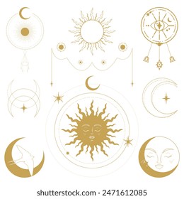 Celestial emblems with sun, crescent, bird and all seeing magical eye. Vector illustration