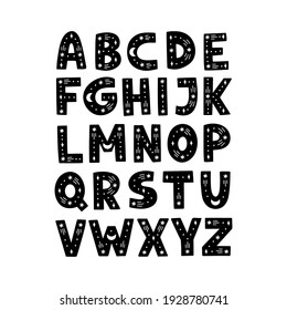 Celestial English alphabet. ABC. Black hand-drawn graphic font with moon, stars. Uppercase letters. Design for typography astronomy poster, card. Modern vector illustration. Scandinavian print.