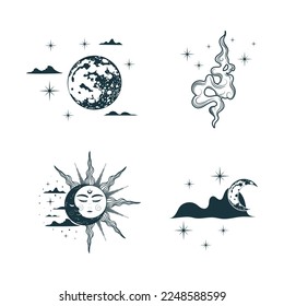 Celestial esoteric elements collection. Hand drawn isolated set of occult icons in boho style. Vector illustration for witchcraft, stickers, tattoo and  magic shop.