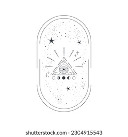 Celestial Esoteric Frame with pyramid eye isolated. Bohemian celestial arch with star and trangle. Mystic element simple vector illustration. Boho arch geometry eye.