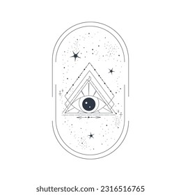 Celestial Esoteric Frame with pyramid eye isolated. Bohemian celestial arch with star and trangle. Mystic element simple vector illustration. Boho arch geometry eye.