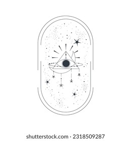 Celestial Esoteric Frame with pyramid eye isolated. Bohemian celestial arch with star and trangle. Mystic element simple vector illustration. Boho arch geometry eye.