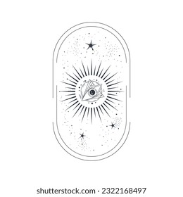 Celestial Esoteric Frame with pyramid eye isolated. Bohemian celestial arch with star and trangle. Mystic element simple vector illustration. Boho arch geometry eye.