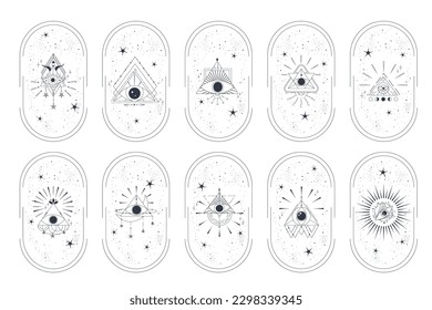 Celestial Esoteric Frame set with pyramid eye isolated. Bohemian celestial arch with star and trangle. Mystic element simple vector illustration. Boho arch geometry eye.
