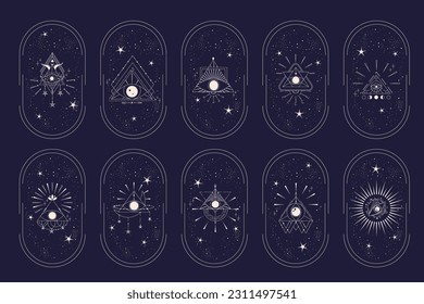 Celestial Esoteric Frame set with pyramid eye isolated. Bohemian celestial arch with star and trangle. Mystic element simple vector illustration. Boho arch geometry eye