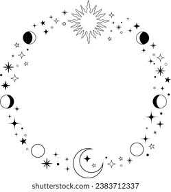 Celestial esoteric moon sun and stars frame.