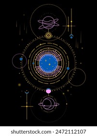 Celestial, esoteric, occult, alchemical symbols on a black background. Magic poster with sun and planets.