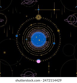 Celestial, esoteric, occult, alchemical symbols on a black background. Seamless pattern with sun, planets and stars.